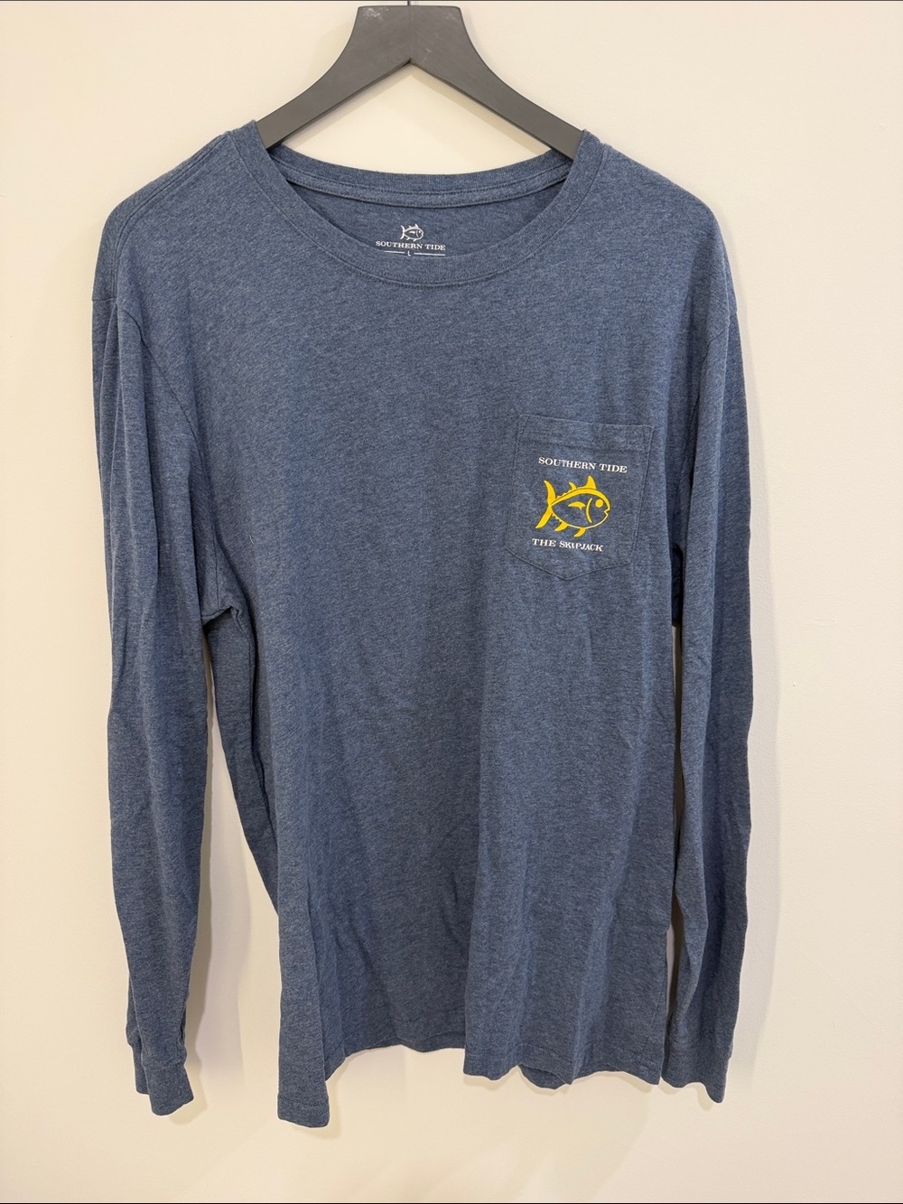 Southern Tide Navy Long Sleeve Pocket Tee with Yellow Fish Logo